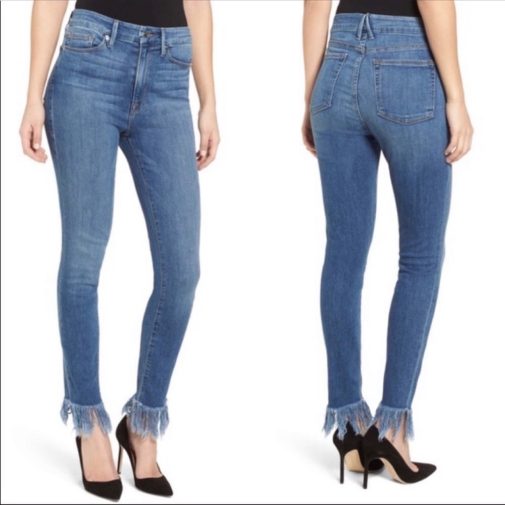 - Good American Good Waist fringe hem skinny jeans